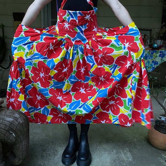 Vintage 1980s Supercraft Made in India Floral Cotton Overalls Dress High Waist - Picture 6 of 10